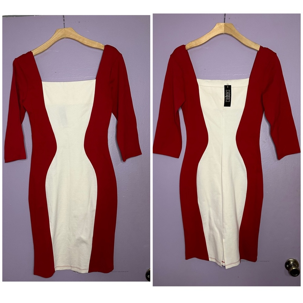 Marie Red & White Midi dress with elbow length sleeves